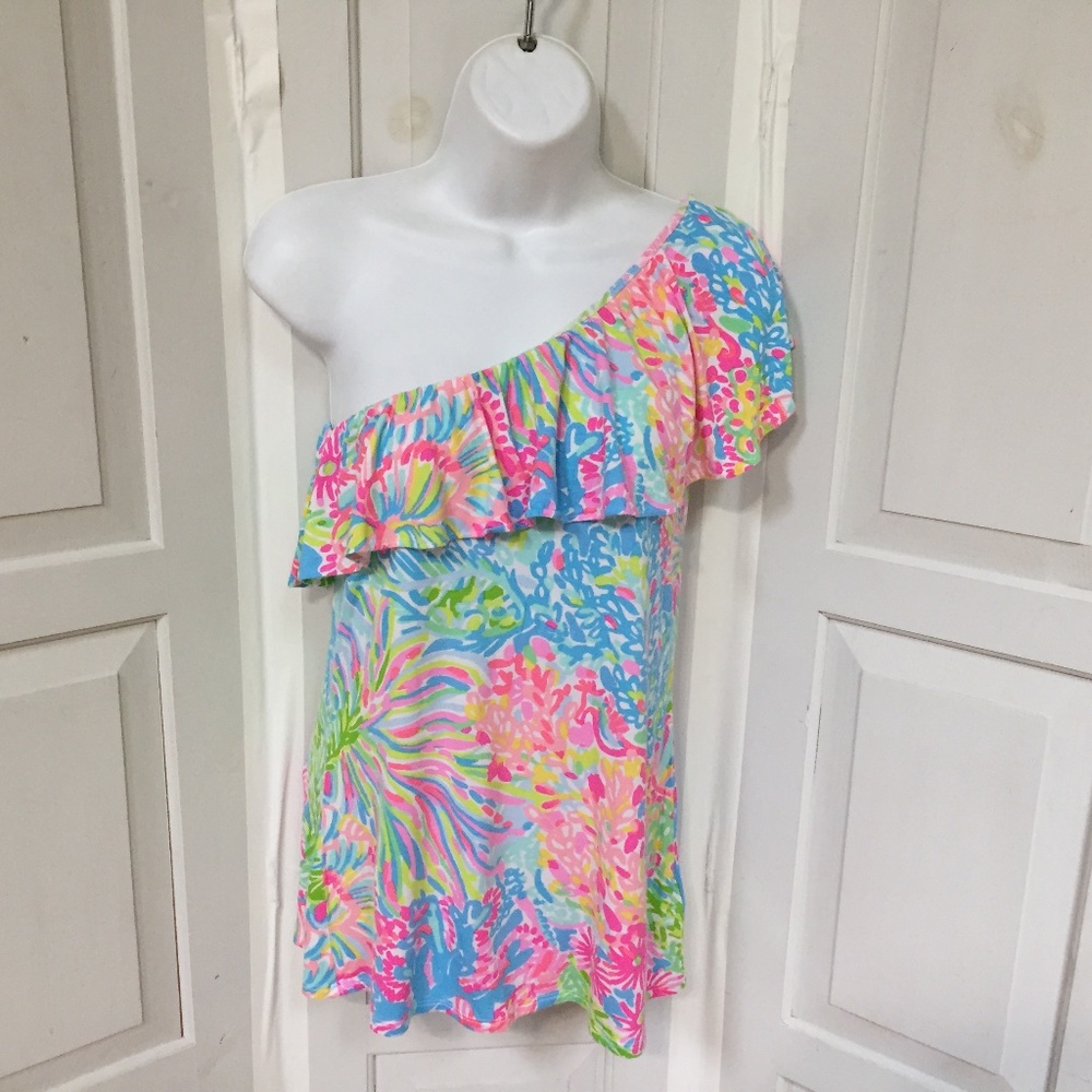 Lilly Pulitzer One-Shoulder Colorful Ruffle Blouse - Blue, Pink, Green